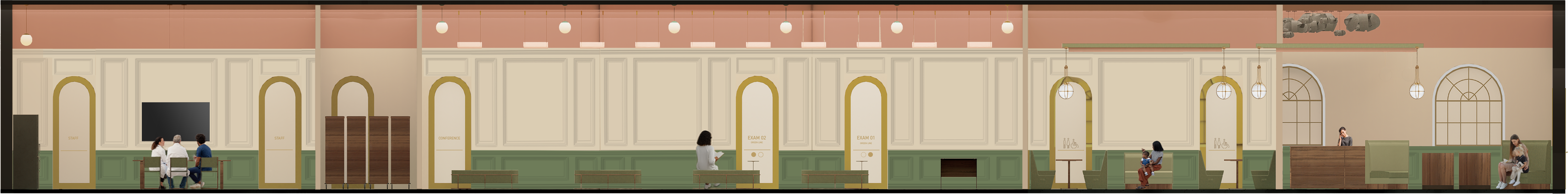 Pediatric Clinic Section Cut — Reception, Sick Patient Waiting, Nurse Stations, Well Patient Waiting